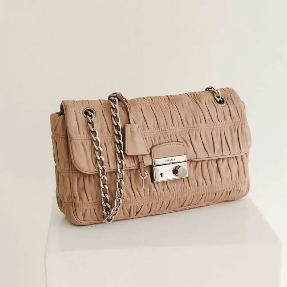 Prada Nappa Gaufre Chain Shoulder Bag in Nude Pink Grained Leather